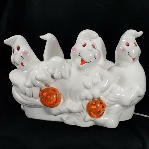 Source Unknown Other - Halloween Ghost Candy Dish Pumpkins Light Up Ceramic Decor Vintage NIOB Y2K